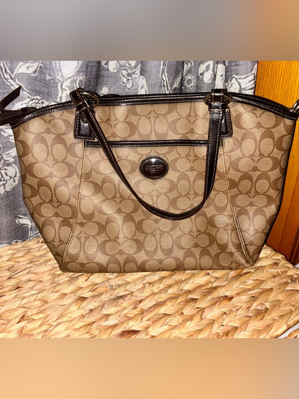Coach Brown Signature Canvas Tote with Dark Brown Trim
